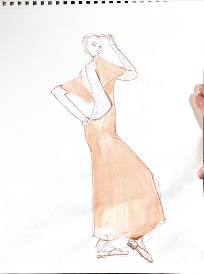 Model in Backless red dress with wide bell mid-length sleeves, illustrated by Laura volpintesta in Gaouche wash with pencil