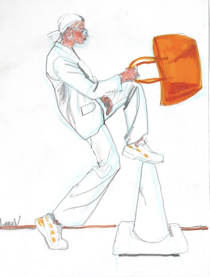 crisp graphite pencil illustration on marker paper with tiny marker color highlights, By Laura Volpintesta from live online zweekly oom studio fashion drawing sessions