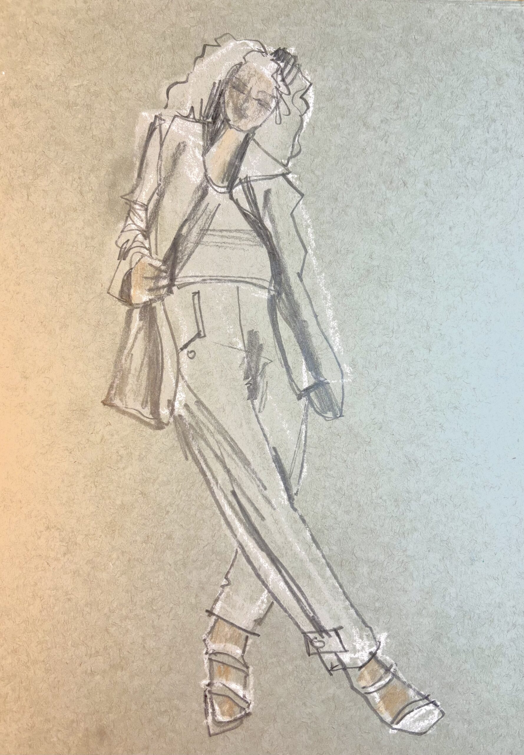 china marker for highligfhrts in fashion illustration on toned paper, by Laura Volpintesta