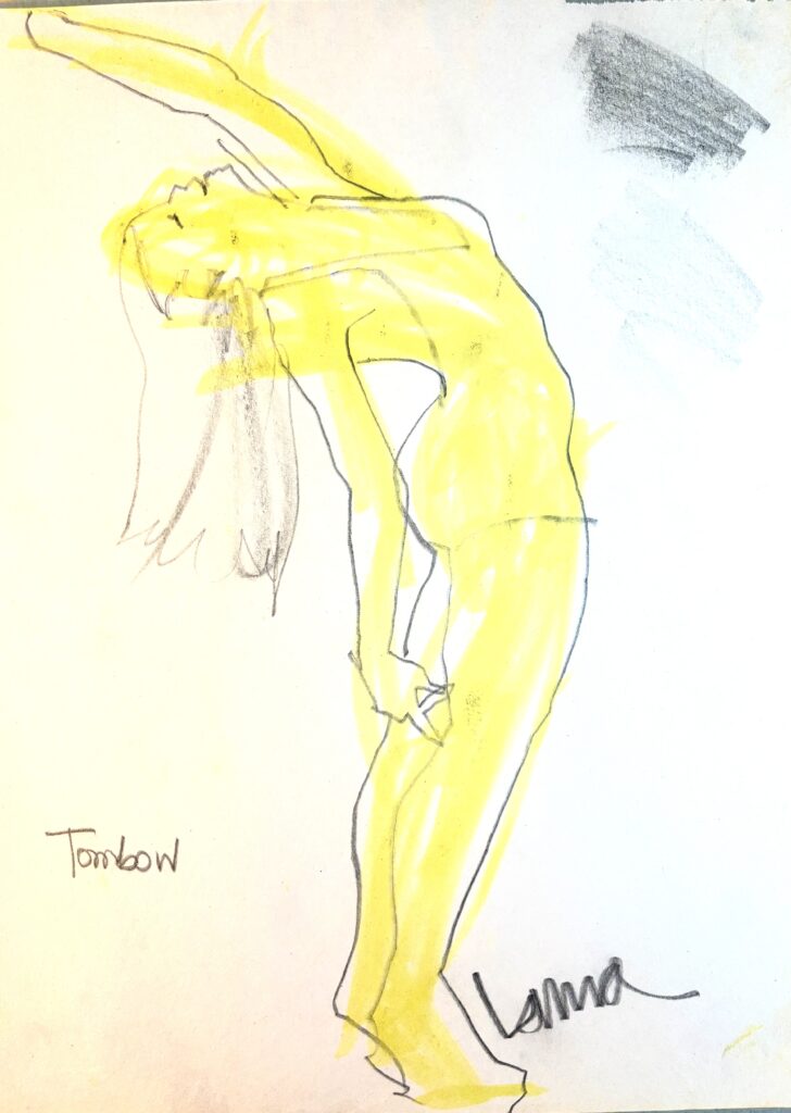 Oil pastel undersketch wtih soft graphite contour lines. Model drawing for fashion illustration by Laura Volpintesta