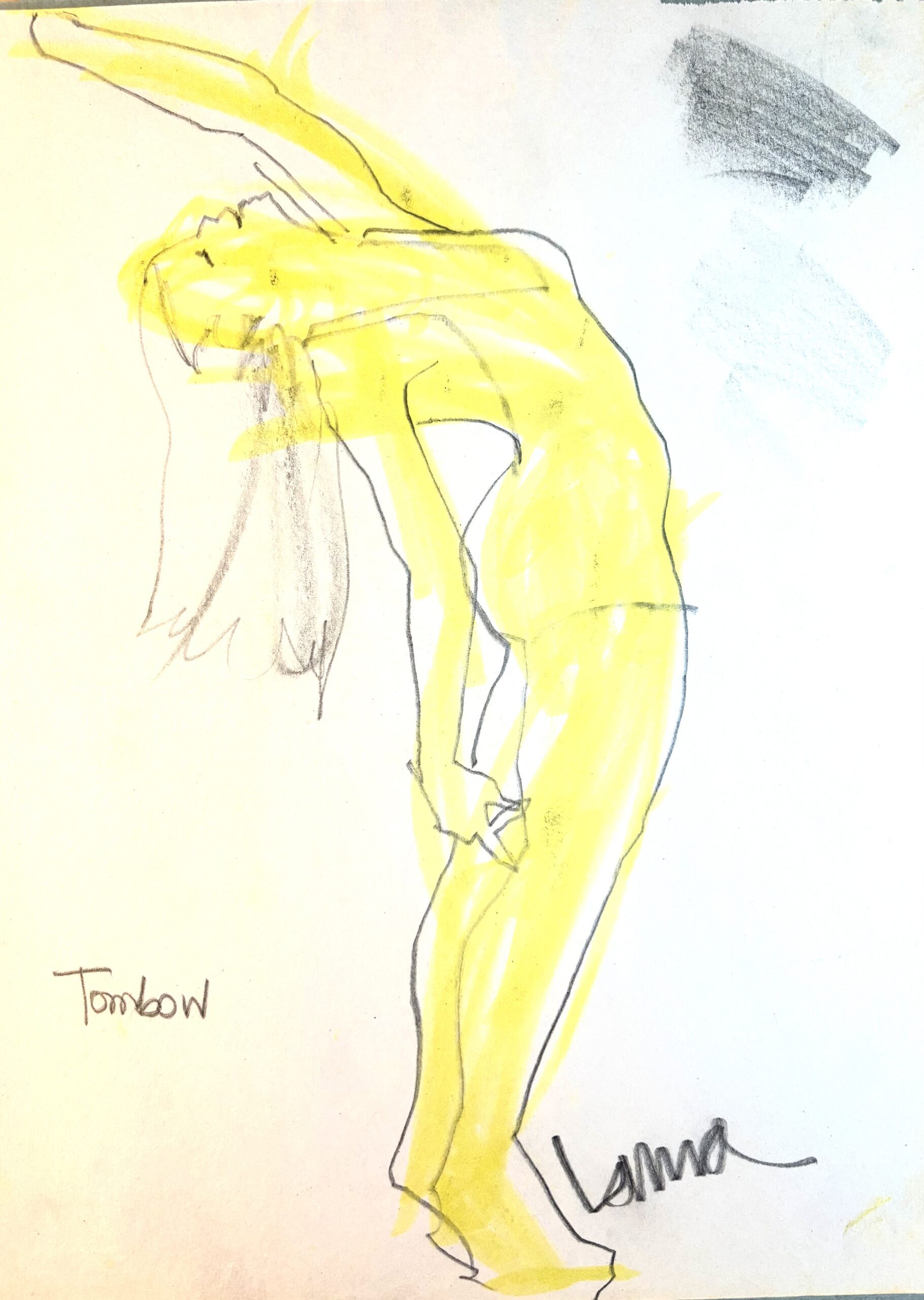 Oil pastel undersketch wtih soft graphite contour lines. Model drawing for fashion illustration by Laura Volpintesta