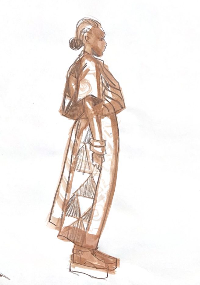Gouache wash and pencil fashion drawing on zoom by Laura Volpintesta