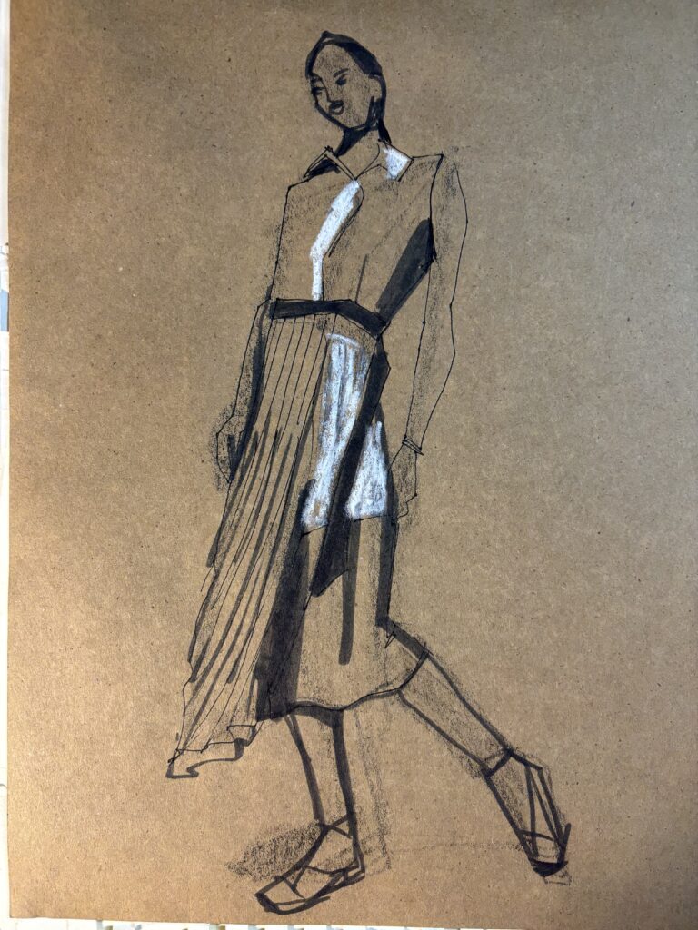 Asymmetrical pleats placement in a skirt design, fashion illustration on toned paper