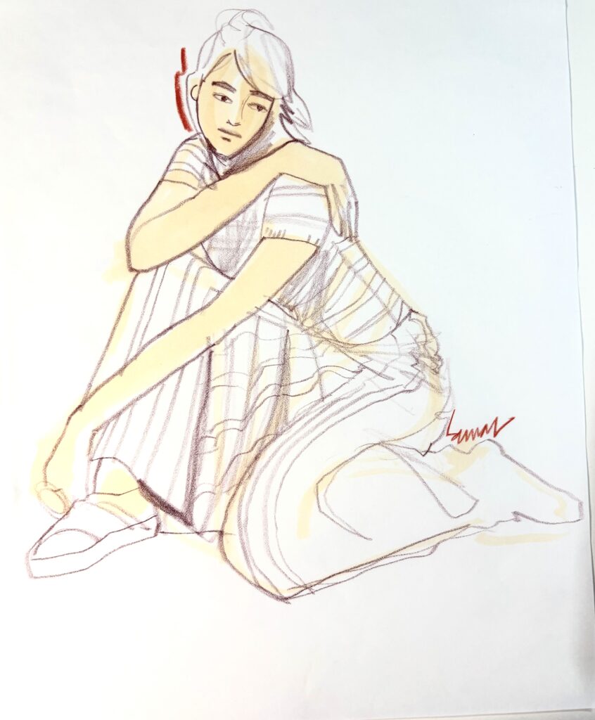 colored pencil fashion drawing of a woman crouching in tshirt and pants. From a live online zoom session, by Laura Vlpintesta